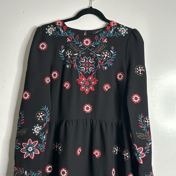 Zara black embroidered multi color midi dress size large cottage core long sleev - Picture 5 of 11